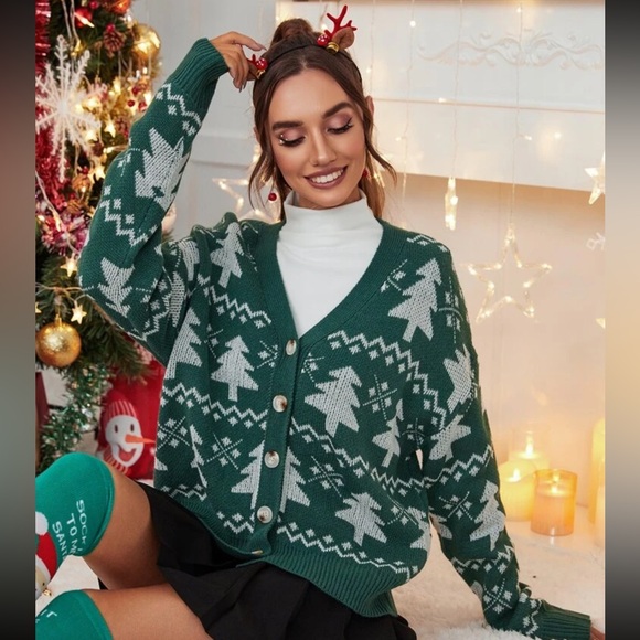 Christmas Tree Pattern Drop Shoulder V Neck Cardigan - Picture 2 of 11